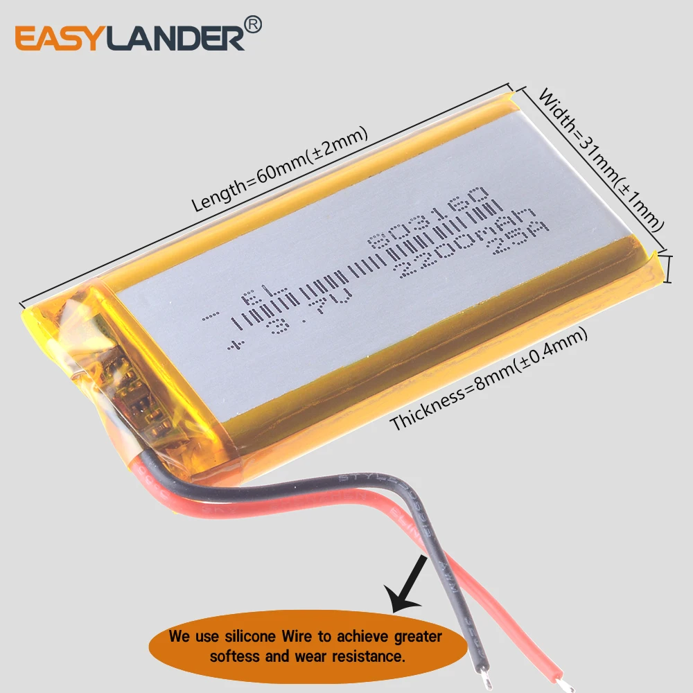 Silicone Wires 3.7V 2200mAh Polymer Lithium LiPo Rechargeable Battery 803160 For Mobile Phone Power Bank Tablet PC E-Books