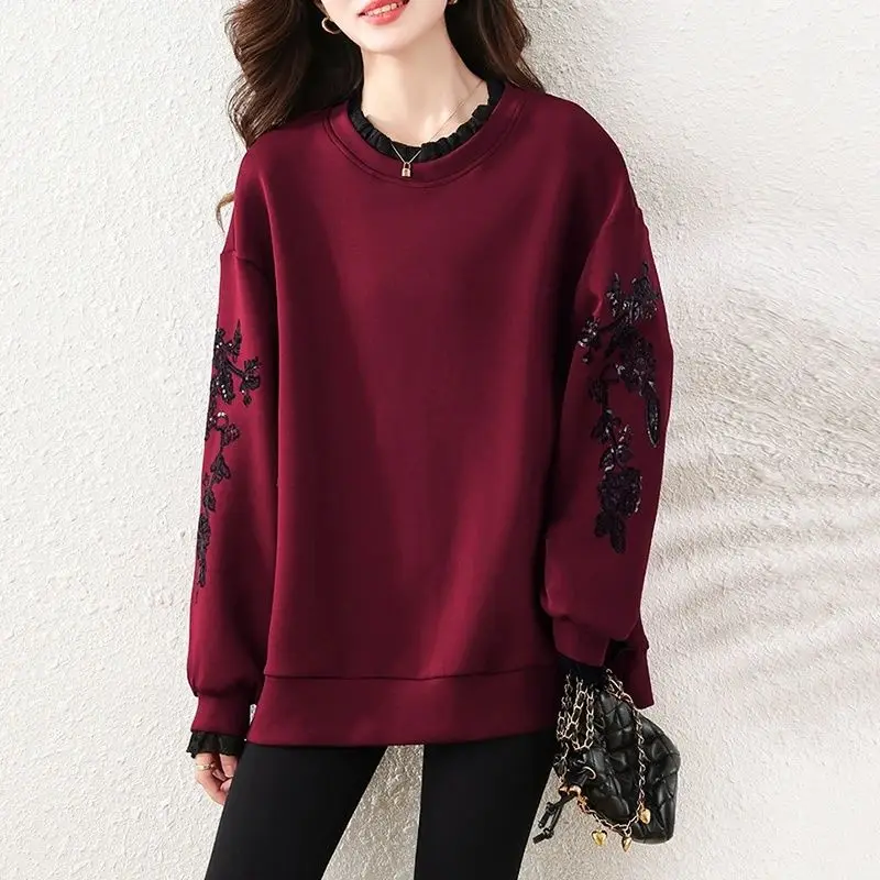 

Весенне-осенний красный свитшот с пайетками, женская одежда, корейская мода, кружевная вышивка, круглый вырез, повседневный свободный худи-топ