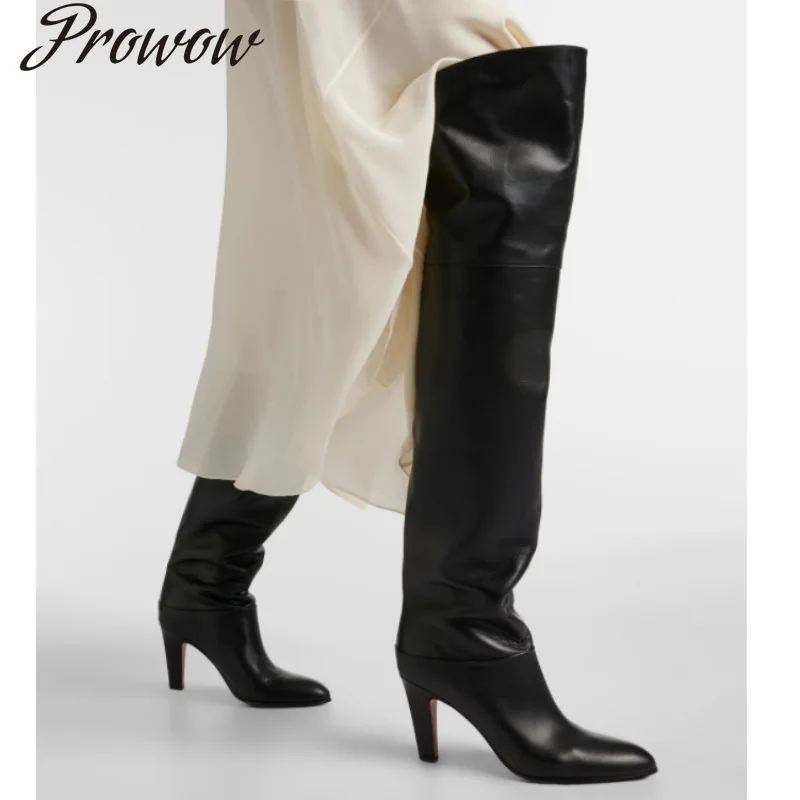 

Новые сапоги выше колена из воловьей кожи с круглым носком на высоком каблуке и толстом каблуке, женская обувь Zapatos Mujer