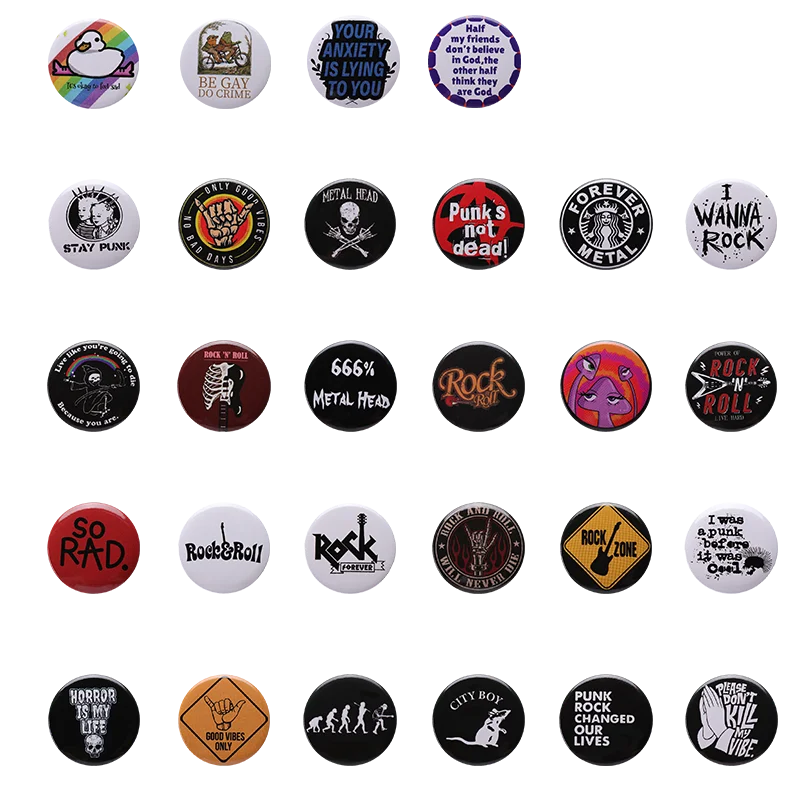 Round Tinplate Soft Button Badge Custom Fun Gesture Animal Cartoon Skull Rock Roll Band Instruments Brooches Badge Wholesale