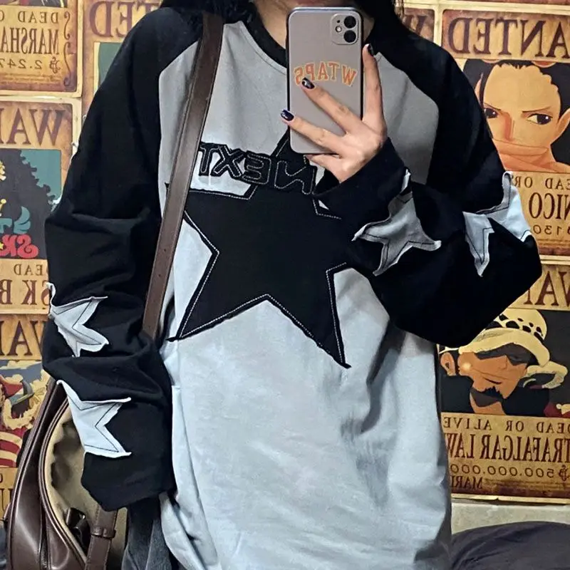 Imagem -06 - Camisola Kpop Harajuku Cinza Estrela Y2k Hippie Grunge Patchwork Letter Hoodie Coreana Oversize Camiseta de Manga Comprida Feminina Outono