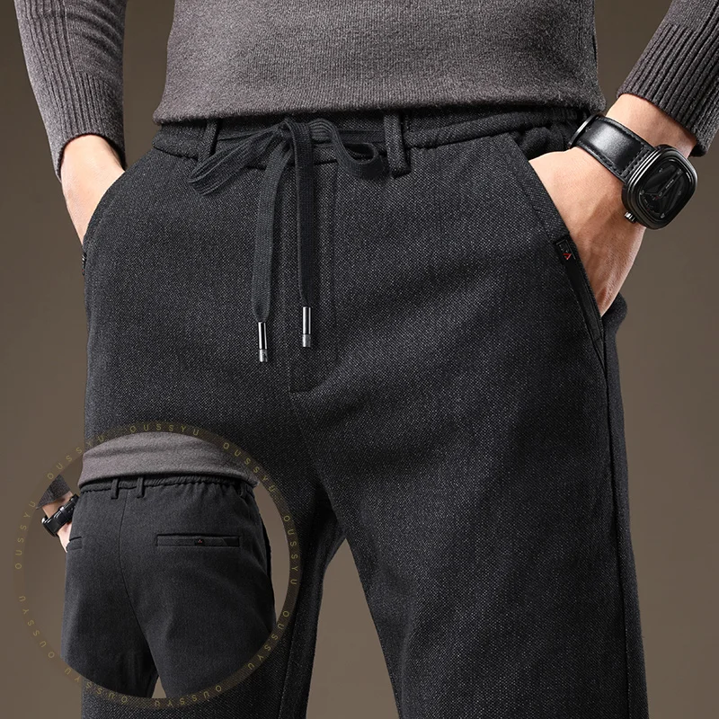 High Quality Autumn Winter Men's Pants Business Stretch Thick Slim Work Elastic Waist Brushed Black Grey Casual Trousers Male