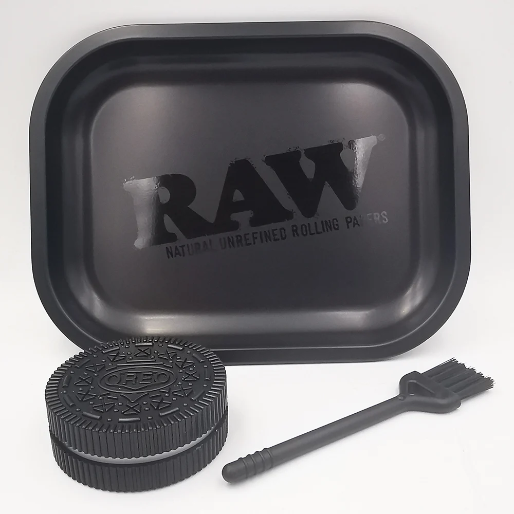 Rolling Tray and Herb Grinder with Brush Set 180X140MM Tray Plate Plastic 60MM Grinder Black Brush Kit