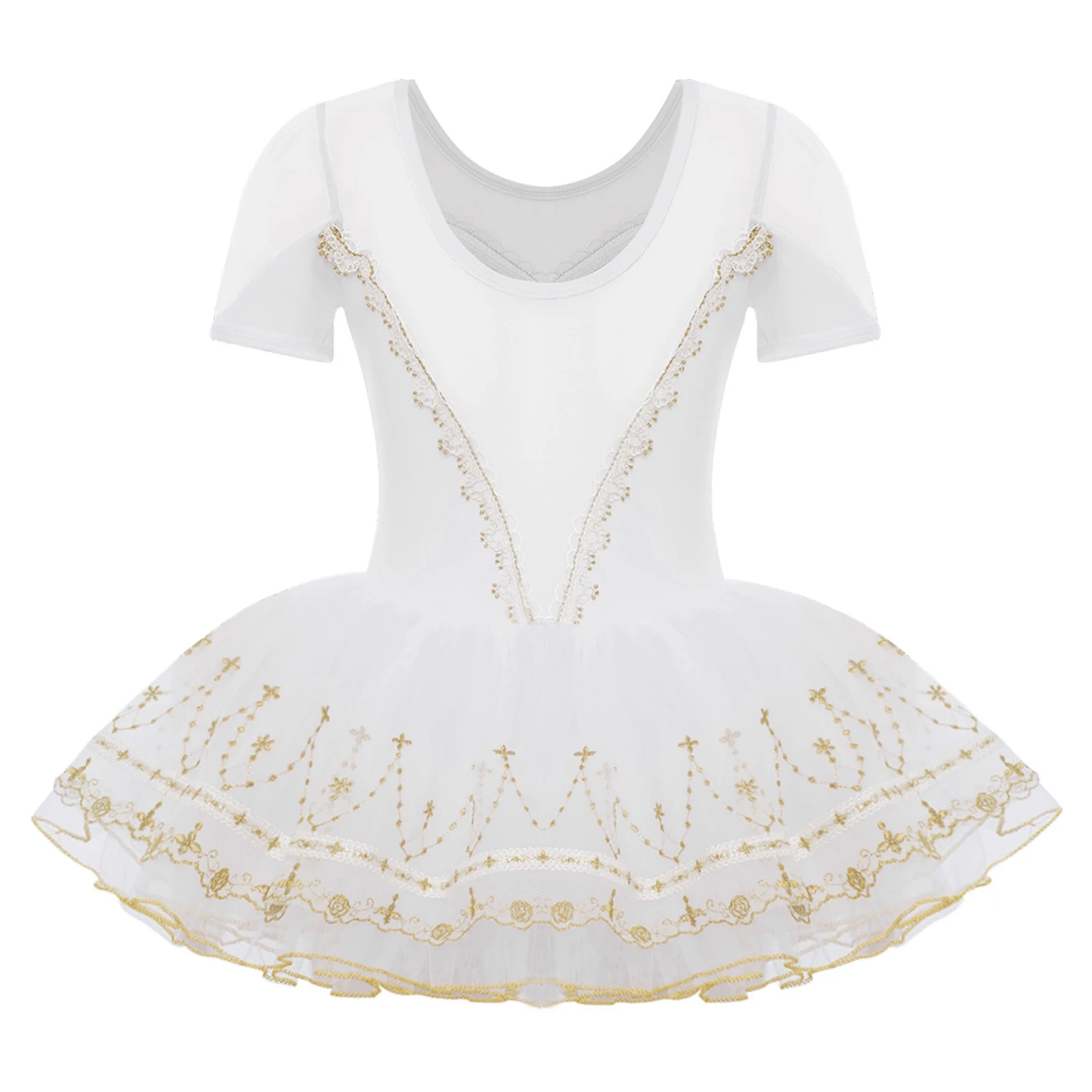 Girls Ballet Dress Short Sleeve Sheer Mesh Patchwork Lace Trim Embroidery Hem Tutu Dress Ballerina Dance Performance Costume