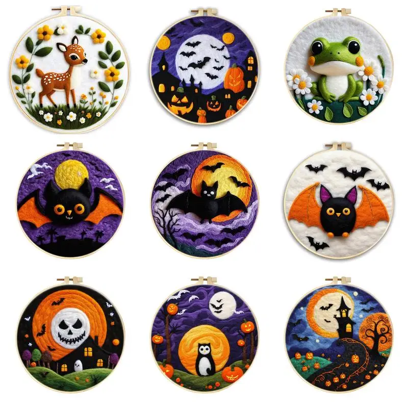 大人のためのハロウィーンの針フェルトスターターキット、DIYウールフェルト絵画、初心者キット、刺embroideryフレーム、裁縫工芸品