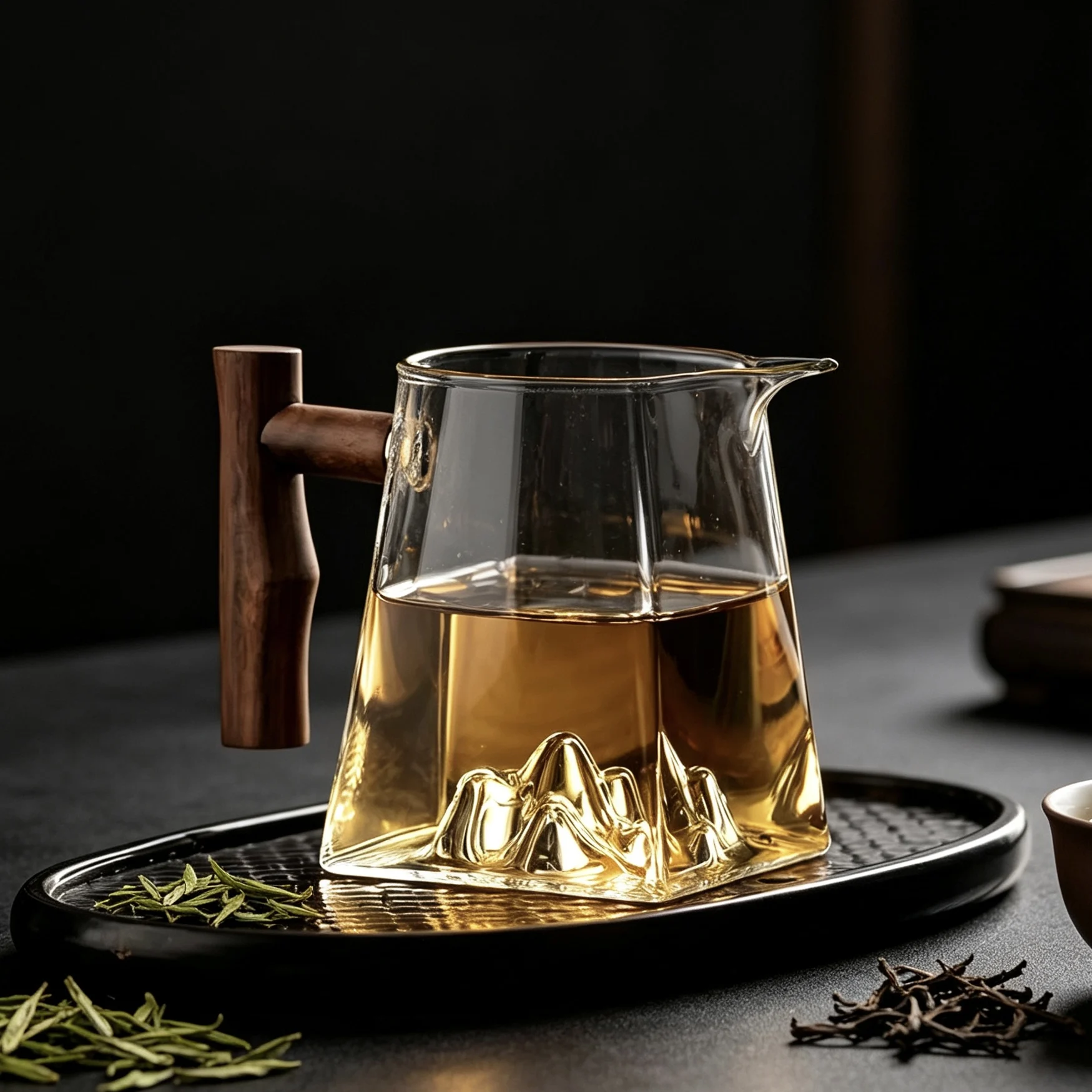 300ml Square Mountain Bottom Glass Tea Pitcher Wooden Handle Glass Fair Cup Chahai for Tea Ceremony Household Tea Server