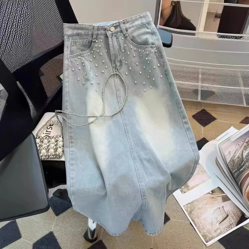 Summer High Waisted Denim Skirts Temperament Nail Bead Mid Length Casual Bodycon A-line Skirts Women Fashionable Split Skirts