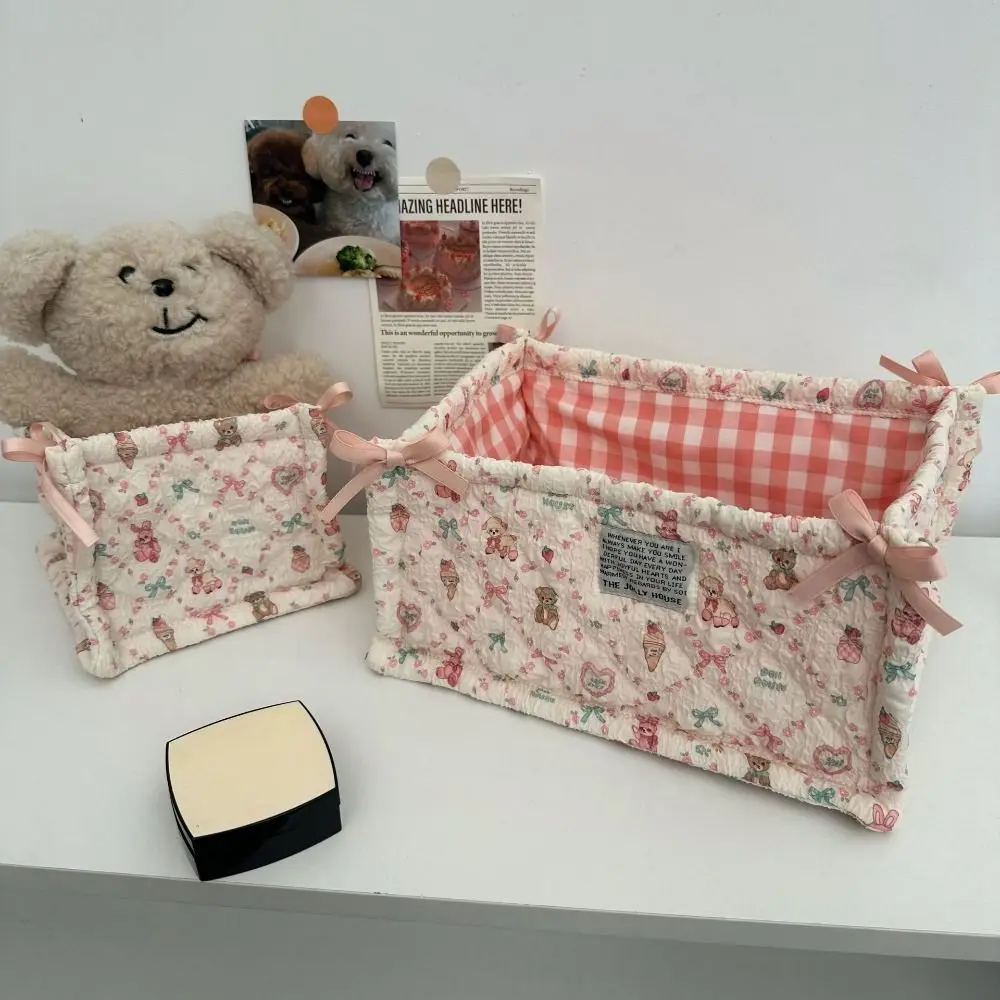 New Quilting Cotton Storage Box Bear Pattern High-capacity Desktop Storage Basket Square Cartoon Storage Frame Home Decoration