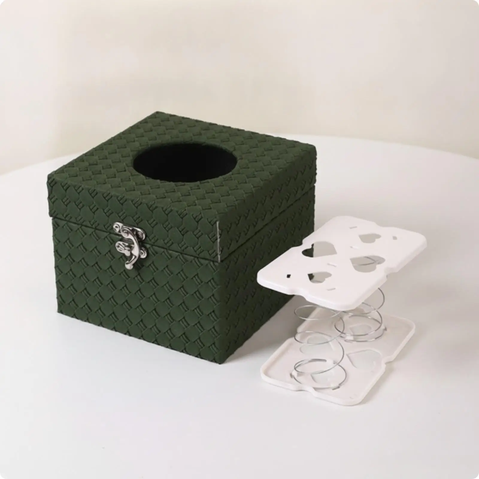 Decorative Leather Tissue Box Container with Circular Top Opening and Secure Front Latch for Living Room Decor