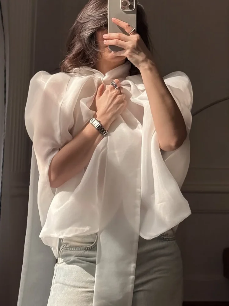 Solid See Through Chiffon Shirts Chic Front Long Sash Tie Neck Midi Sleeves Loose Tops 2026 New Women Banquet Street Outfits