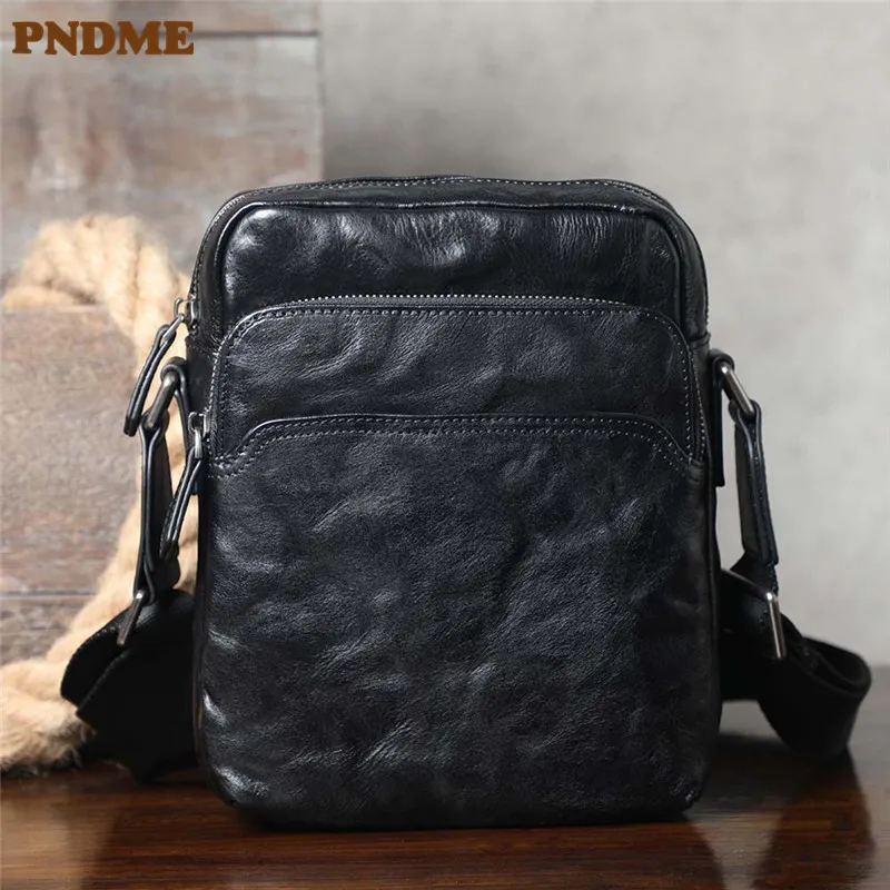 Casual vintage natural genuine leather men's black shoulder bag simple daily pleated luxury real cowhide small messenger bag