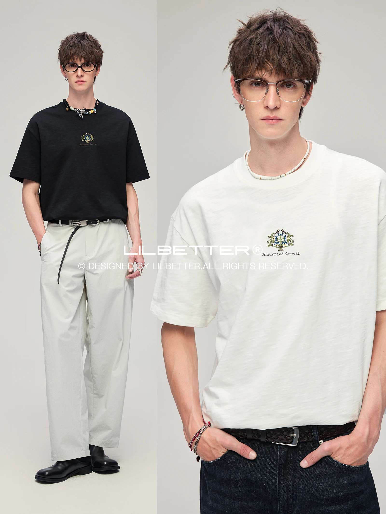 Lilbetter Cross Stitched Bamboo Rayon Cotton T-Shirt Lightweight Breathable Short Sleeve Fashionable Urban Style for Youth