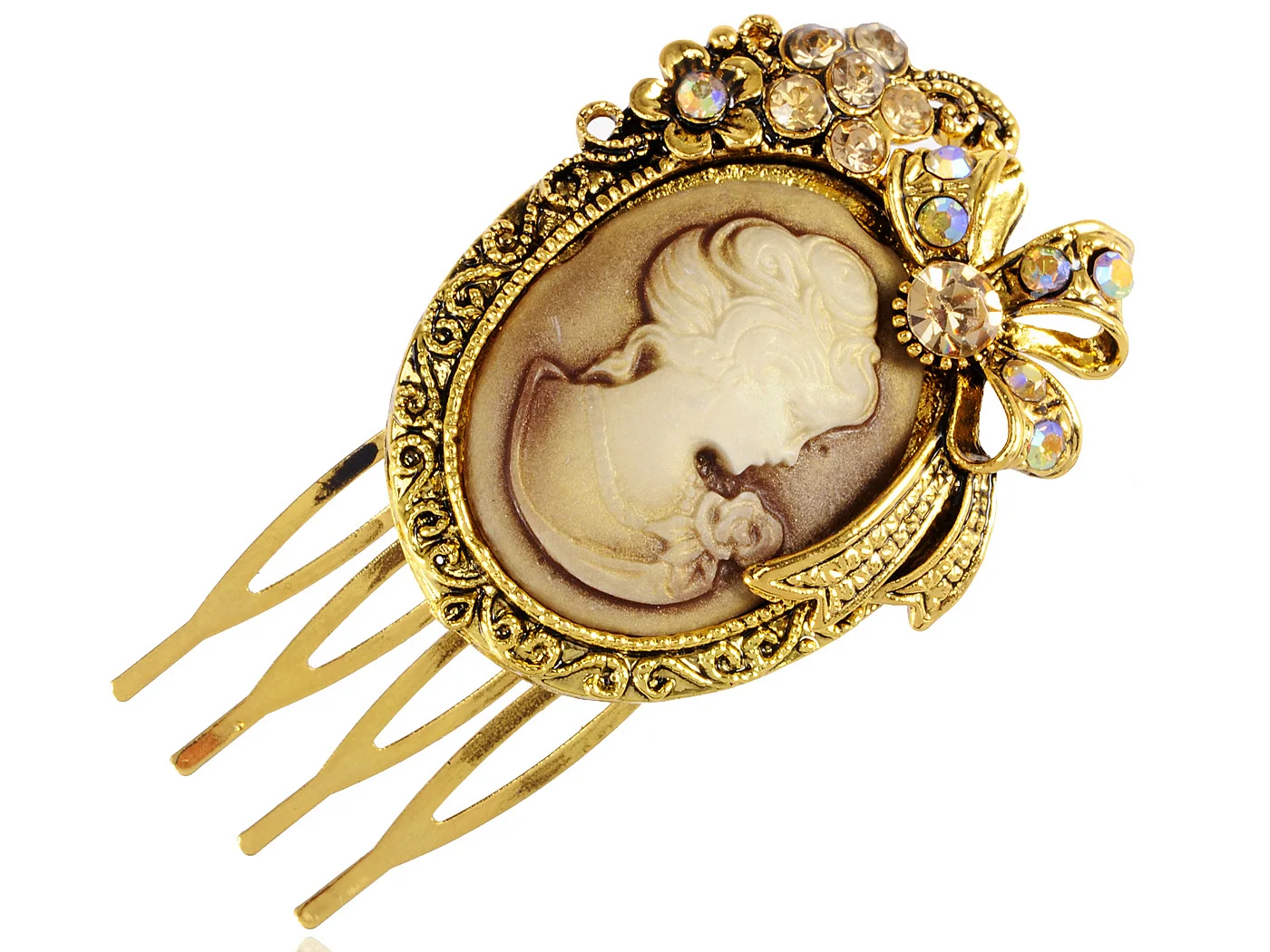 Gold Tone Topaz Rhinestones Victorian Lady Cameo Maiden Prom Hair Comb