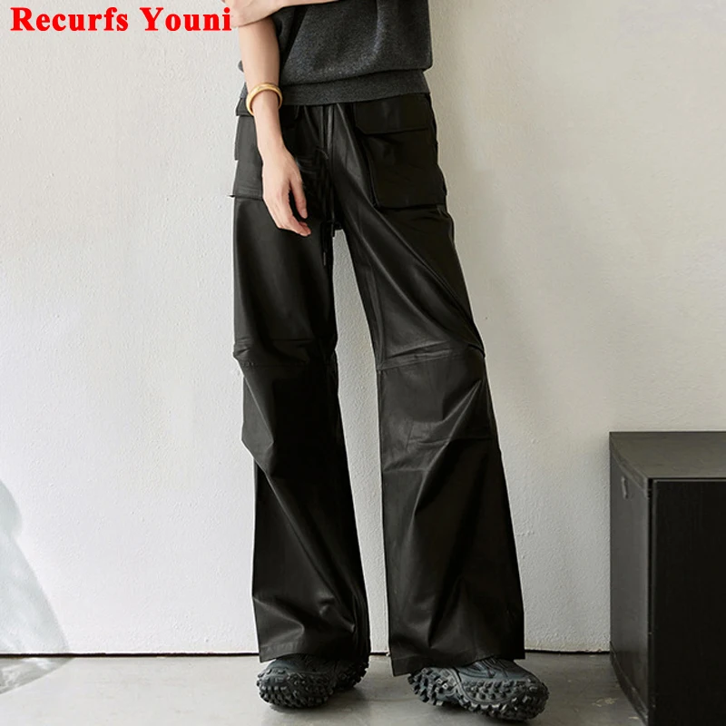 

Floor Length Leather Cargo Pants for Women Retro Sheepskin Wide Leg Pockets Drawstring Long Trousers Black Casual Pantalon Femme