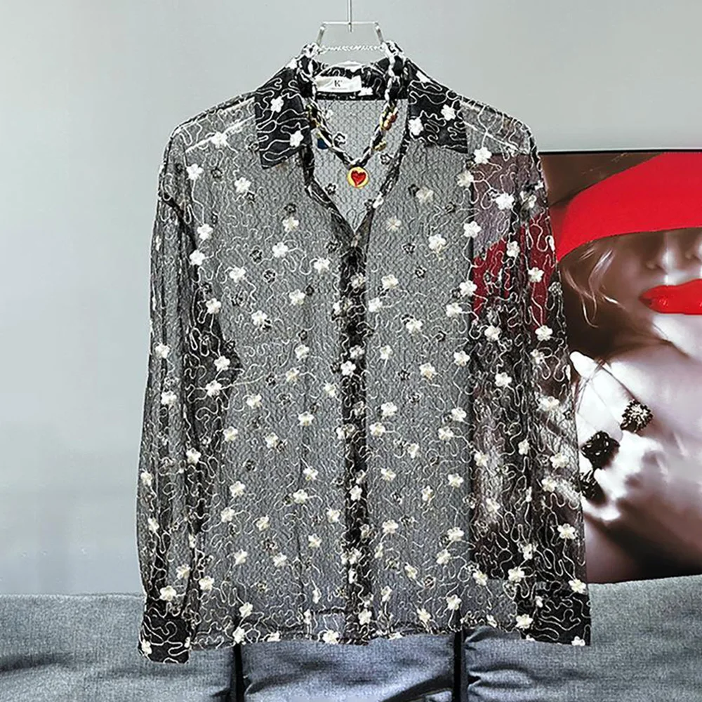 Mens Shirts Elegant Hollow Flower Embroidery Translucent Delicate Shirts Fashionable Casual Stylish Chic Tops Spring Summer 2024