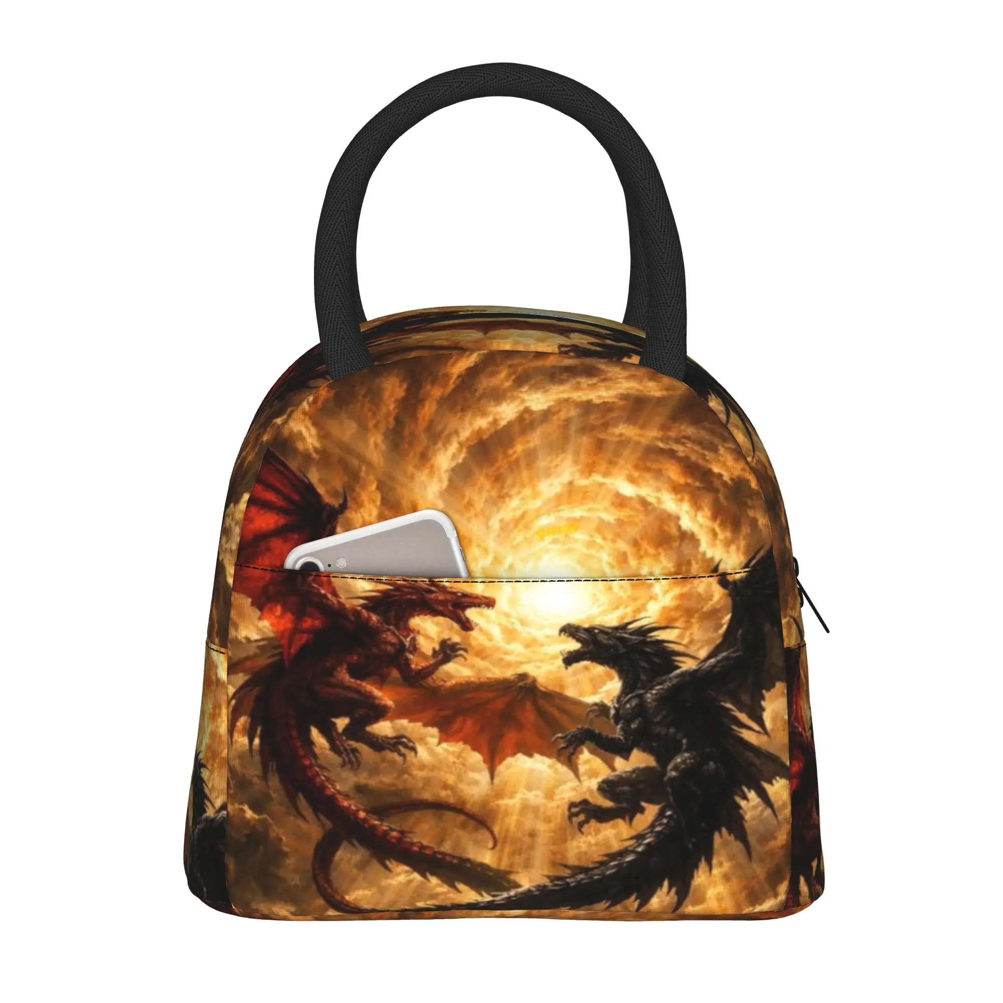Back to school season  Picnic Bag Dual Dragons Fiery Vortex Art Large Capacity Casual Personalised Lightweight Lunch Bag