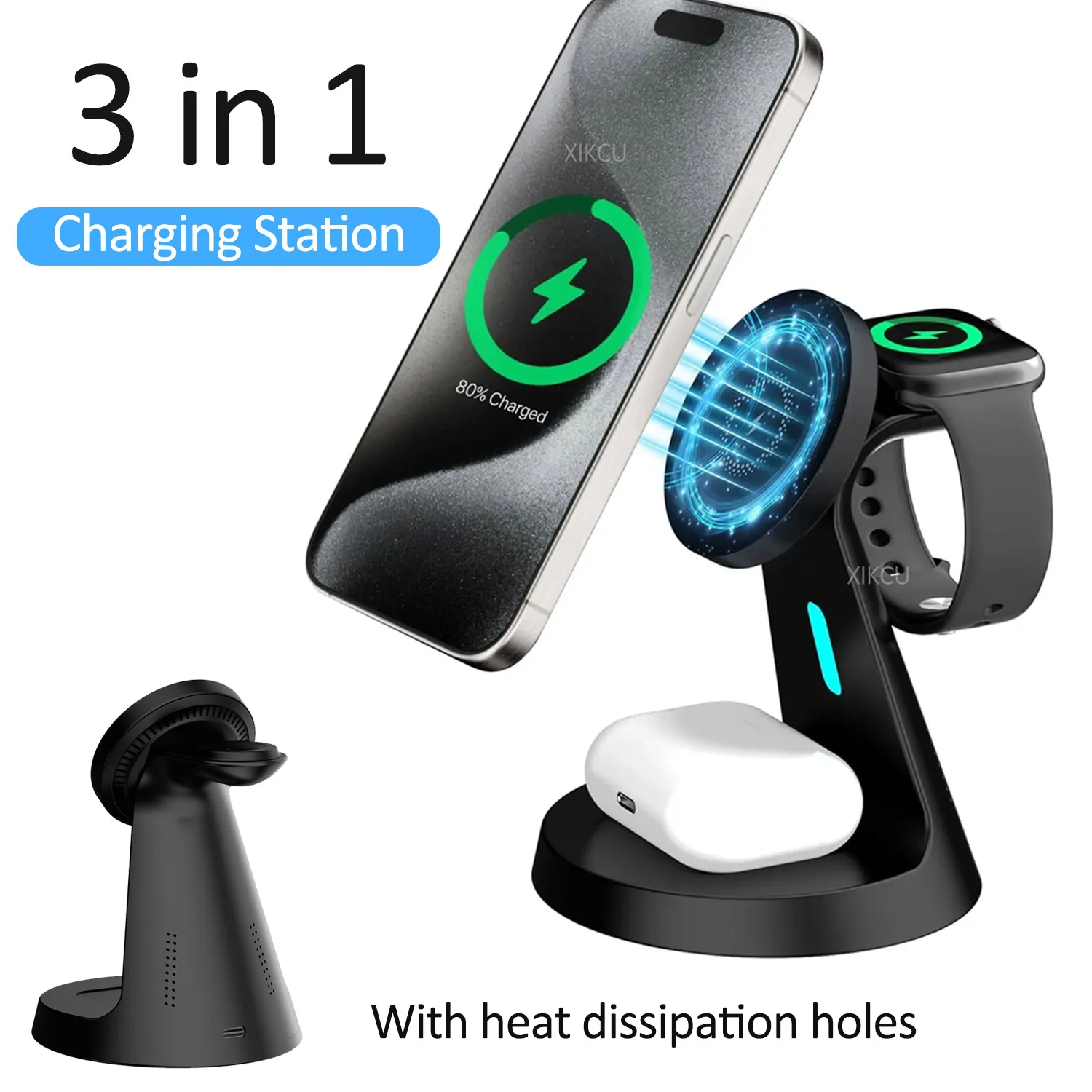 

Настольная магнитная подставка для беспроводного зарядного устройства 3 в 1 для Magsafe iPhone 17 ~ 12 Apple Watch 11 10 9 8 7 AirPods 4/3 Pro2/1 Быстрая зарядка