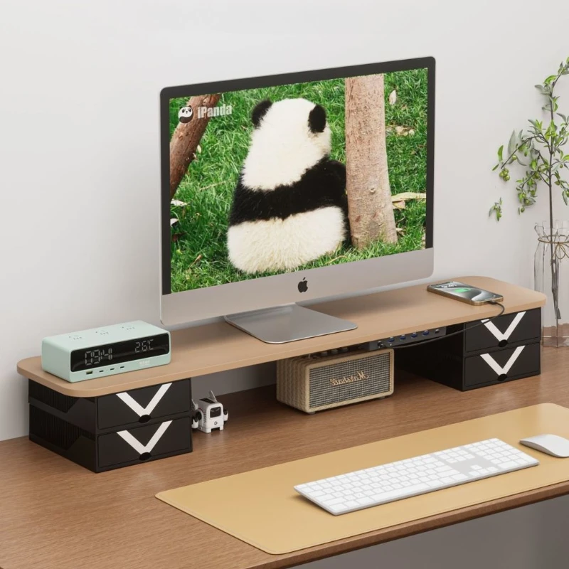 Wooden Monitor Holder with Drawer Office USB Expansion Monitors Riser Stand Desktop Computer Organizer Bracket Monitor Base