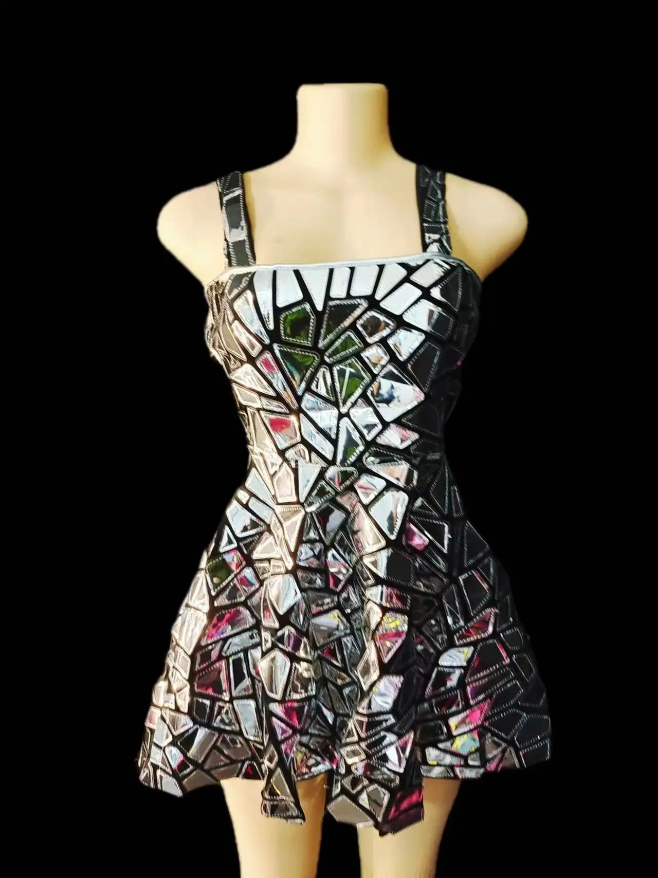 

Women Sequins Sliver Laser Mirror Sleeveless Sling Dress Sexy Singer Dancer Bar Performance Outfit Birthday Party Stage Show Set