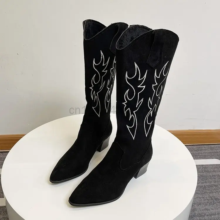 2023 Women Western Cowboy Boots Pointed Women's Shoes Printing Mid Calf Boots Winter Chunky Heel Wedges Knight Botas Feminina