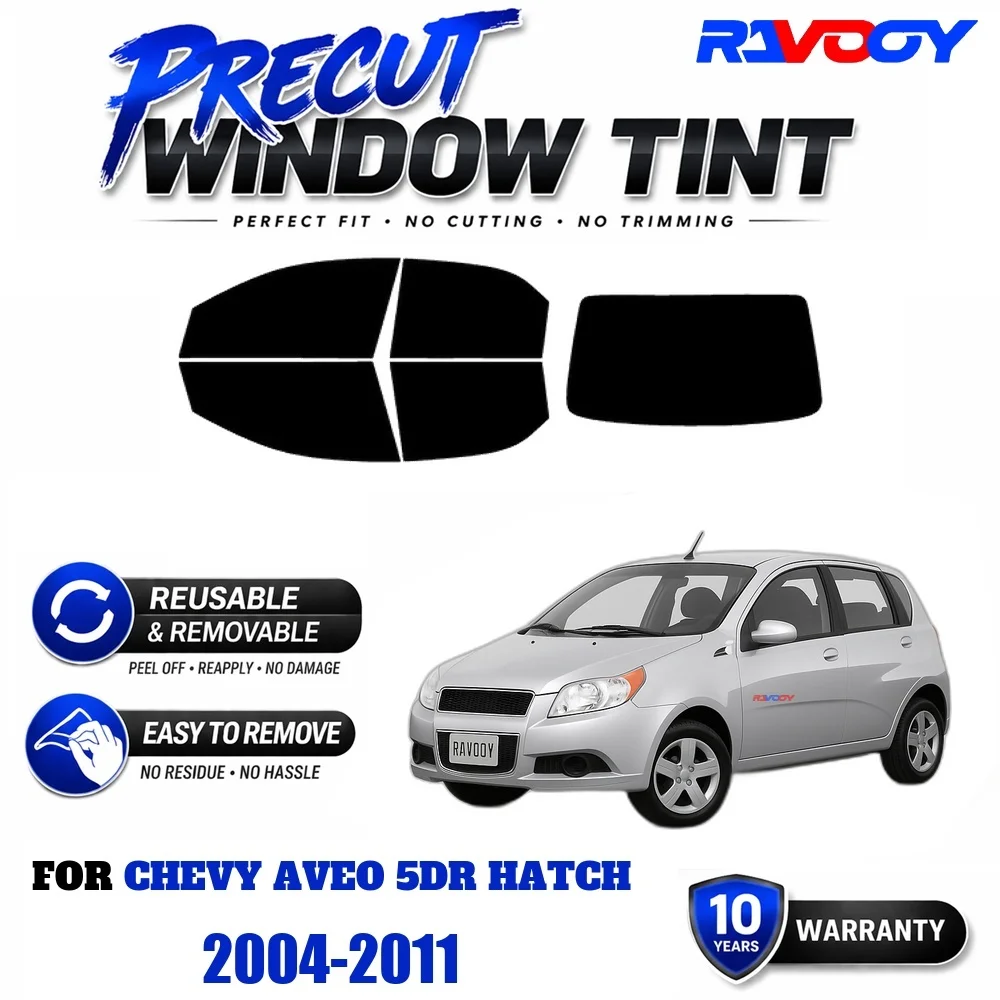 RAVOOY Precut Window Tint, Reusable Removable EPU Film, Custom Fit for Chevy Aveo 5dr Hatch 2004-2011, UV Heat Protection