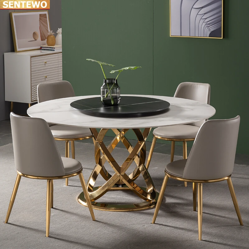 Designer Luxury round dinning Marble Rock Slab dining table set 8 chairs tablo furniture meuble marbre Stainless steel gold base