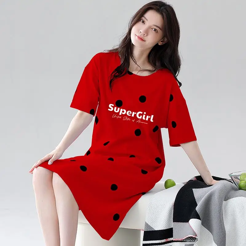 

Летние женские ночные сорочки 2026 года с коротким рукавом, 100% хлопок, с принтом, в корейском стиле, свободного кроя, для дома