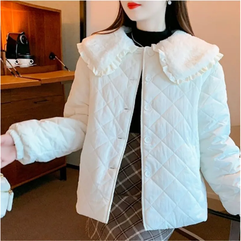 Autumn Winter Short Cotton-Padded Jacket Women 2023 New Fashion Lamb Fur Collar Outwear Pure Colour Single-Breasted Coat Female