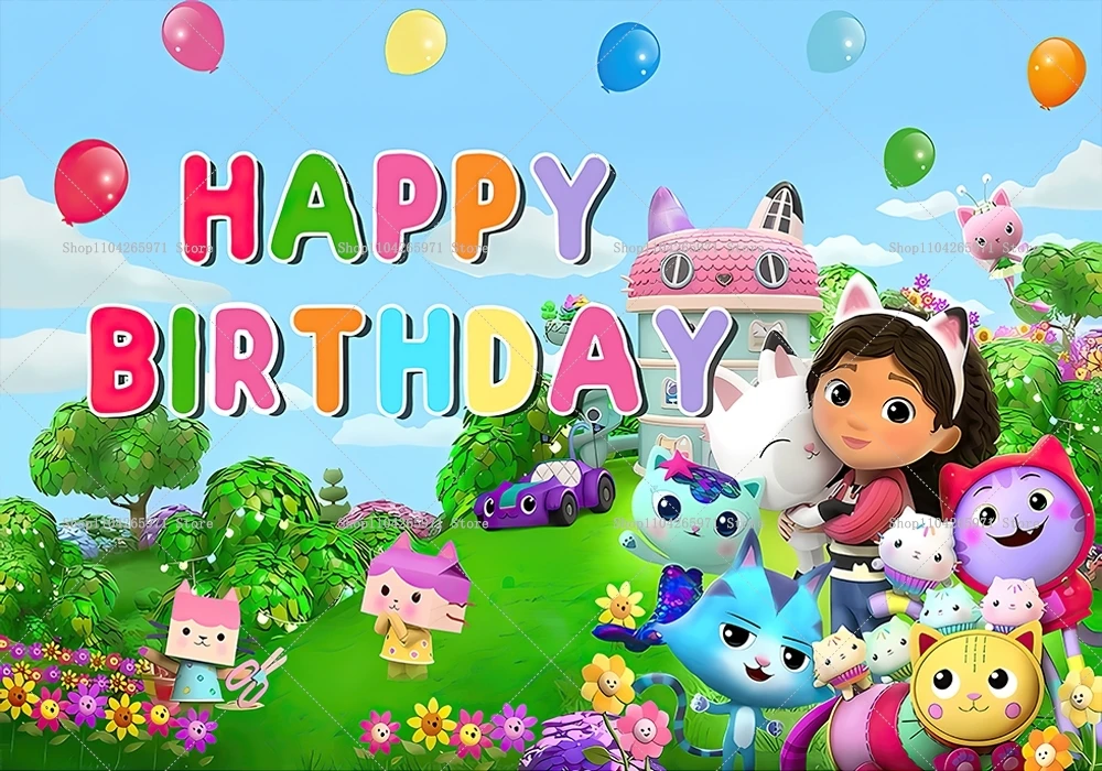 Cartoon Gabby Dollhouse Themen-Hintergrund Mädchen Geburtstagsparty Deko Baby-Shower-Zubehör Rosa Katze Foto-Banner Fotografie-Requisiten