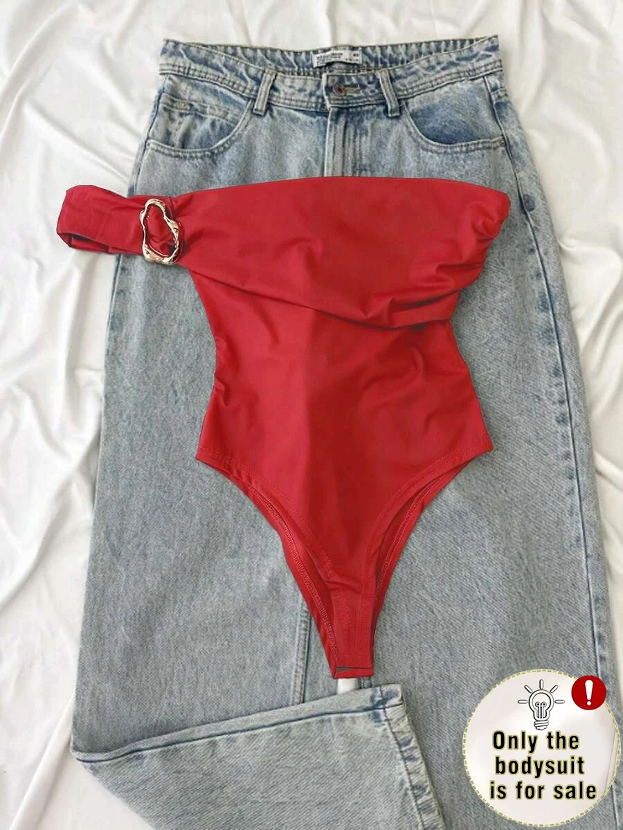 Vintage Red Strapless Bodysuit with Side-Shaped Metal Ring Straps + Side-Waist Pleated Shaping Seamless Base Layer