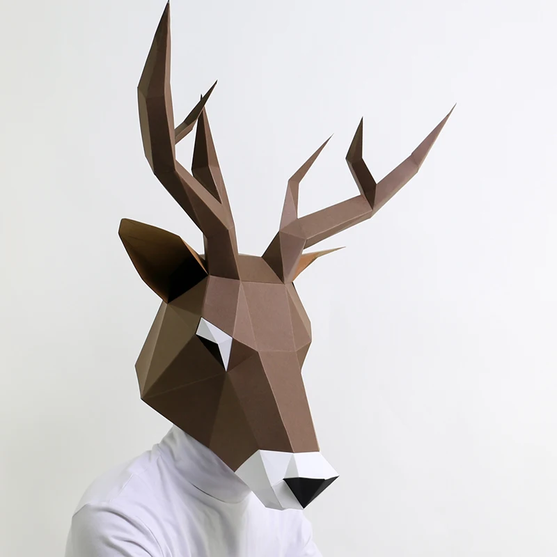 Elk 3D Paper Mold Head Mask copricapo modello animale Halloween Cosplay puntelli donna uomo Party Role Play Dress Up maschere artigianali fai da te