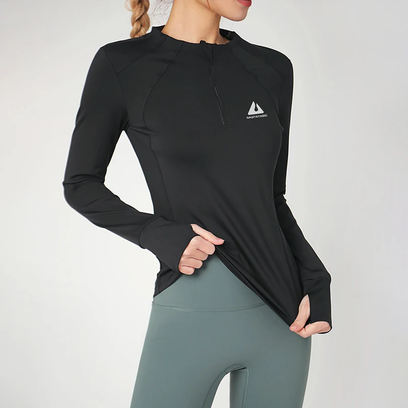 Abrigo deportivo de cuello redondo para mujer, top ajustado de fitness para correr, manga larga, secado rápido, cremallera delgada, ropa de yoga,