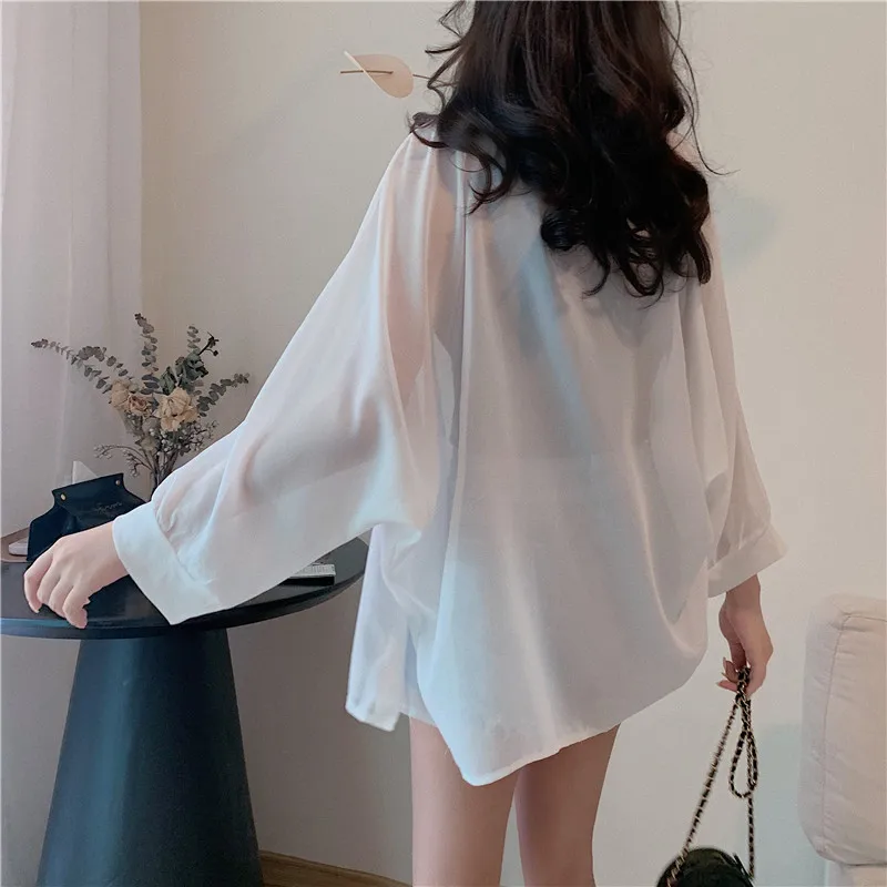 Women Summer Korean Fashion Loose Solid Color Chiffon Polo-Neck Long Sleeve Shirts Women Clothe Sexy Black Slim All-match Sling