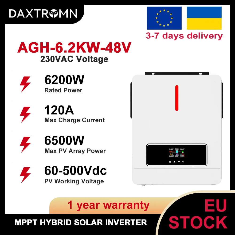 Daxtromn 6.2KW Hybrid Solar Inverters 48V 230VAC Pure Sine Wave inverter MPPT 60-500VDC 6500W PV Input 120A Solar Controller