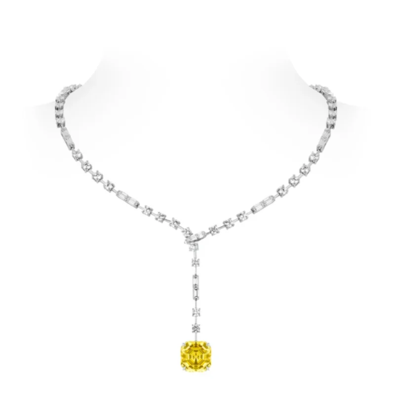 CAMEO Top Quality Necklace 925 Silver Gold Plated Synthetic Zircon Asscher Yellow Gem Geometric White Diamond Fashion Pendant