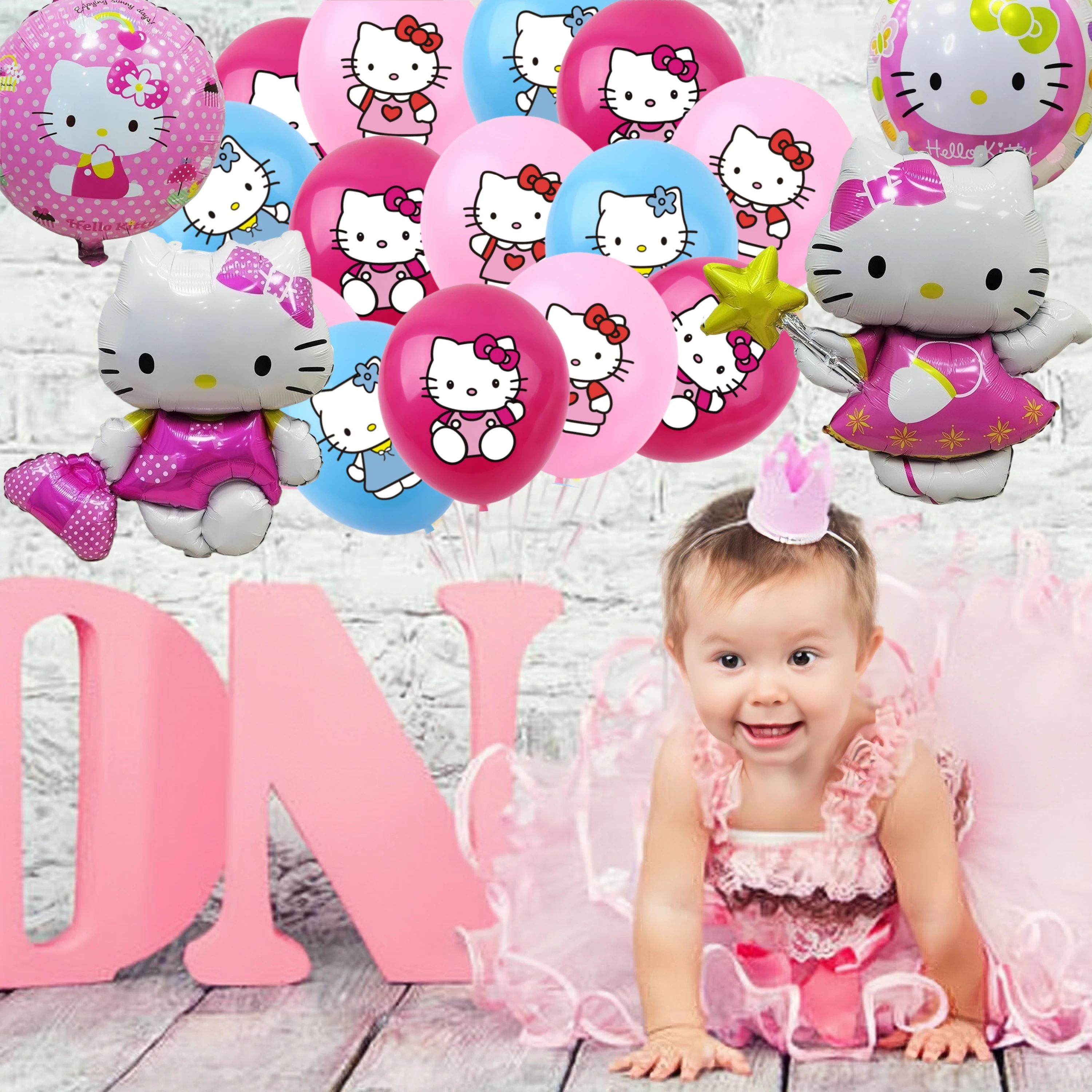 12/6pcs Hello Kitty Foil Balloons Happy Birthday Party Decoration Number Globlos Pink Cat Latex Balloon Girls DIY Party Supplies