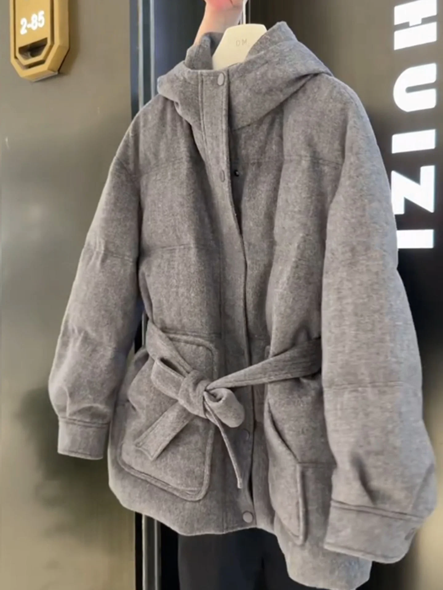 Ele ey Hooded Mid-Length down Jaet Women's Thiened Warm Slimming Outerwear Commute Sle High Waist Polyester Fiber