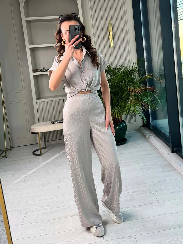 

Fashion Satin Casual Pant Outfit Spring Women Single Breasted Short Sleeved Shirt+High Waist Wide Leg Pants Summer Two Piece Set
