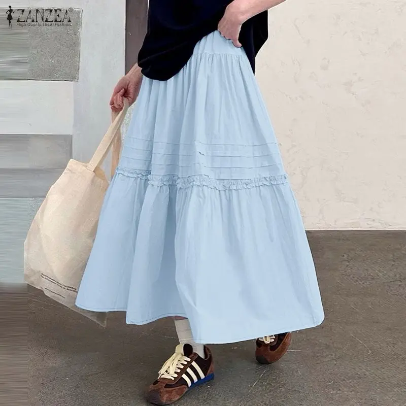 Fashion Summer Women Skirts ZANZEA Pleated Long Skirts Solid Color Vestidos Bottoms OL Work Party Skirts Oversize Streetwear
