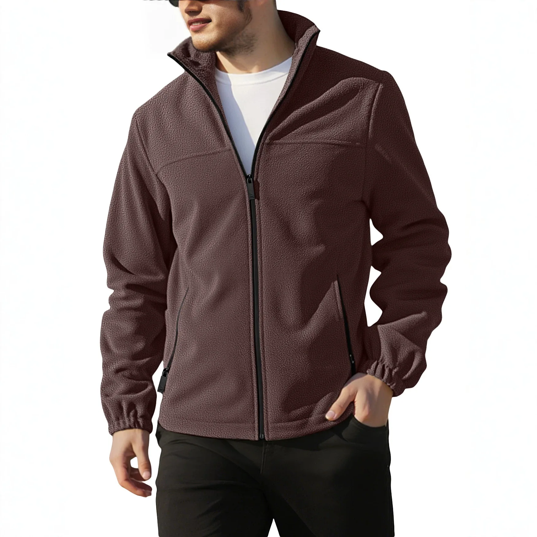 Men's Spring Fall Winter New Polar Fleece Jacket Zip Up Stand Collar Windproof Outdoor Casual Outerwear for Daily Hiking Wear