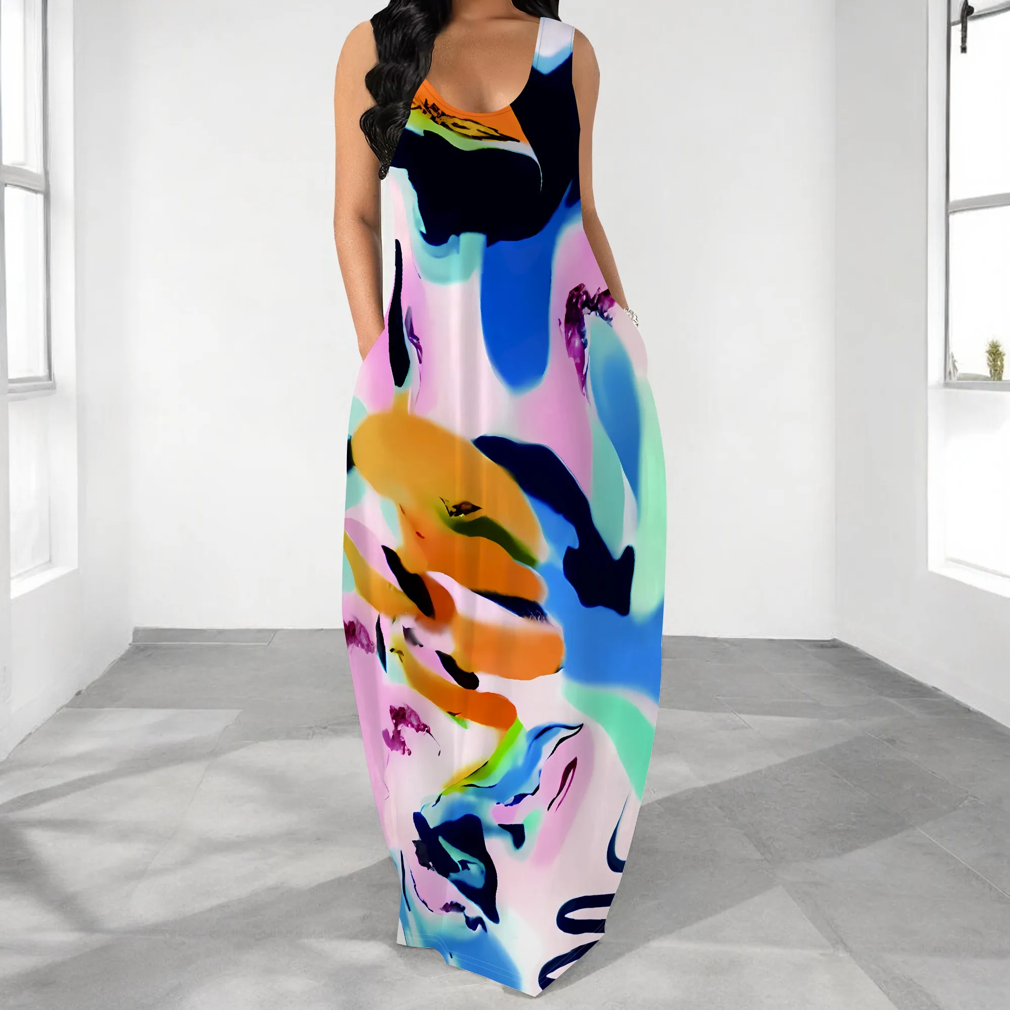 

Abstract Color Print Maxi Dress Sleeveless Casual Summer Long Dress Women Art Style Beach Outfit