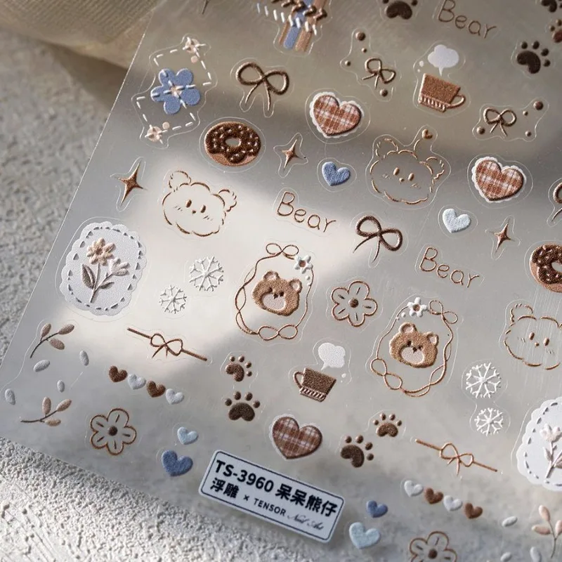 Cartoon Plaid Bear 3D Embossed Stickers Cute Little Bear Paw Puffy Decals DIY Self-Adhesive Art for Manicure Kawaii Supplies
