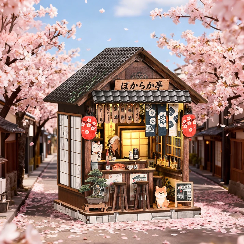 DIY Wooden Dollhouse Kit 3D Japanese Izakaya Pub Miniature with Warm LED Light Furniture Easy to Assemble Birthday Gift for Adul