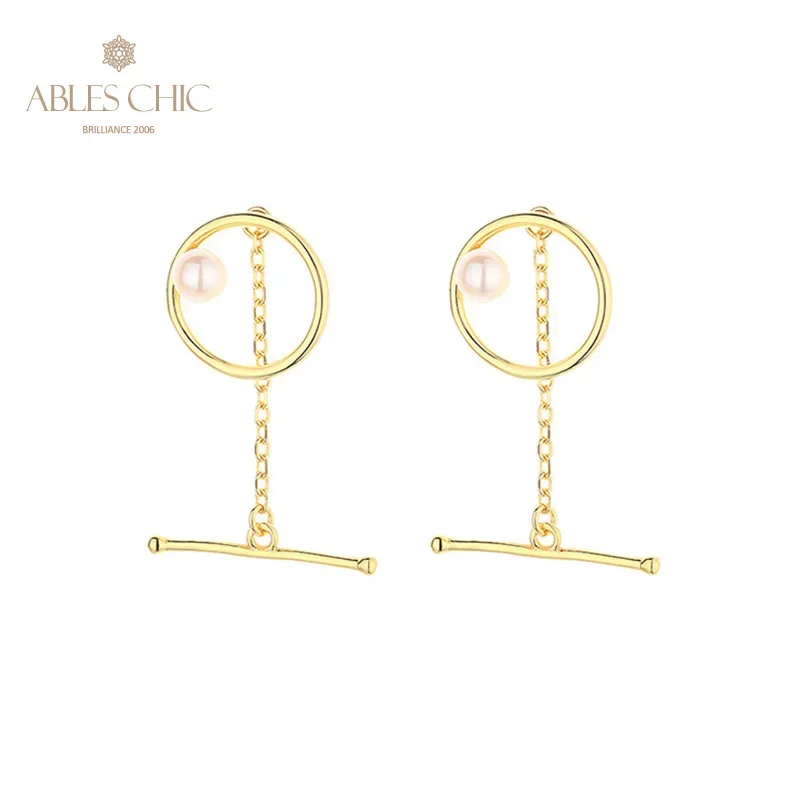 

AC Freshwater Pearls 3.5-4mm Accent T Bar Chained Studs 18K Gold Tone Solid 925 Silver Drop Earrings PE1044