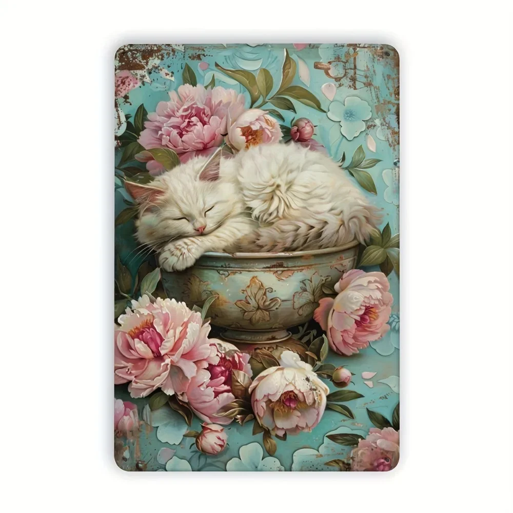 Letrero de metal de gato rosebud Vintage Planon 2D - Arte de pared Shabby Chic con Gatito durmiente y Floral