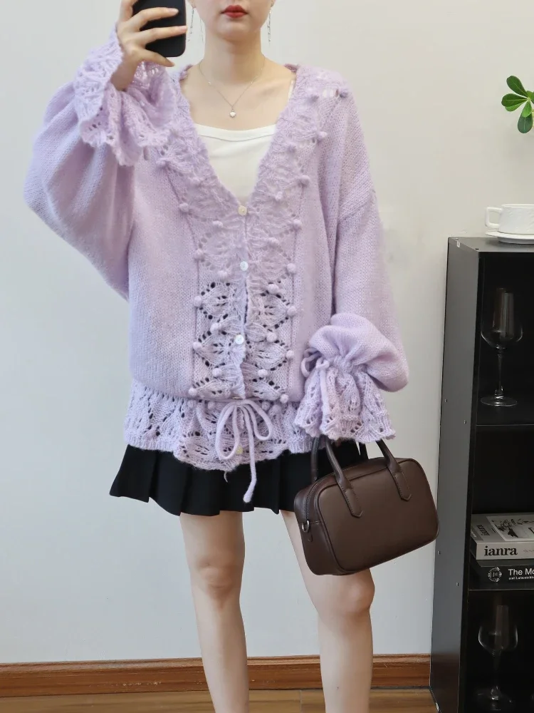 

Женский нежный расклешенный трикотаж с вырезами, свободный кардиган, топы на осень-зиму 2025 Y2k, модный повседневный вязаный свитер Pull Femme