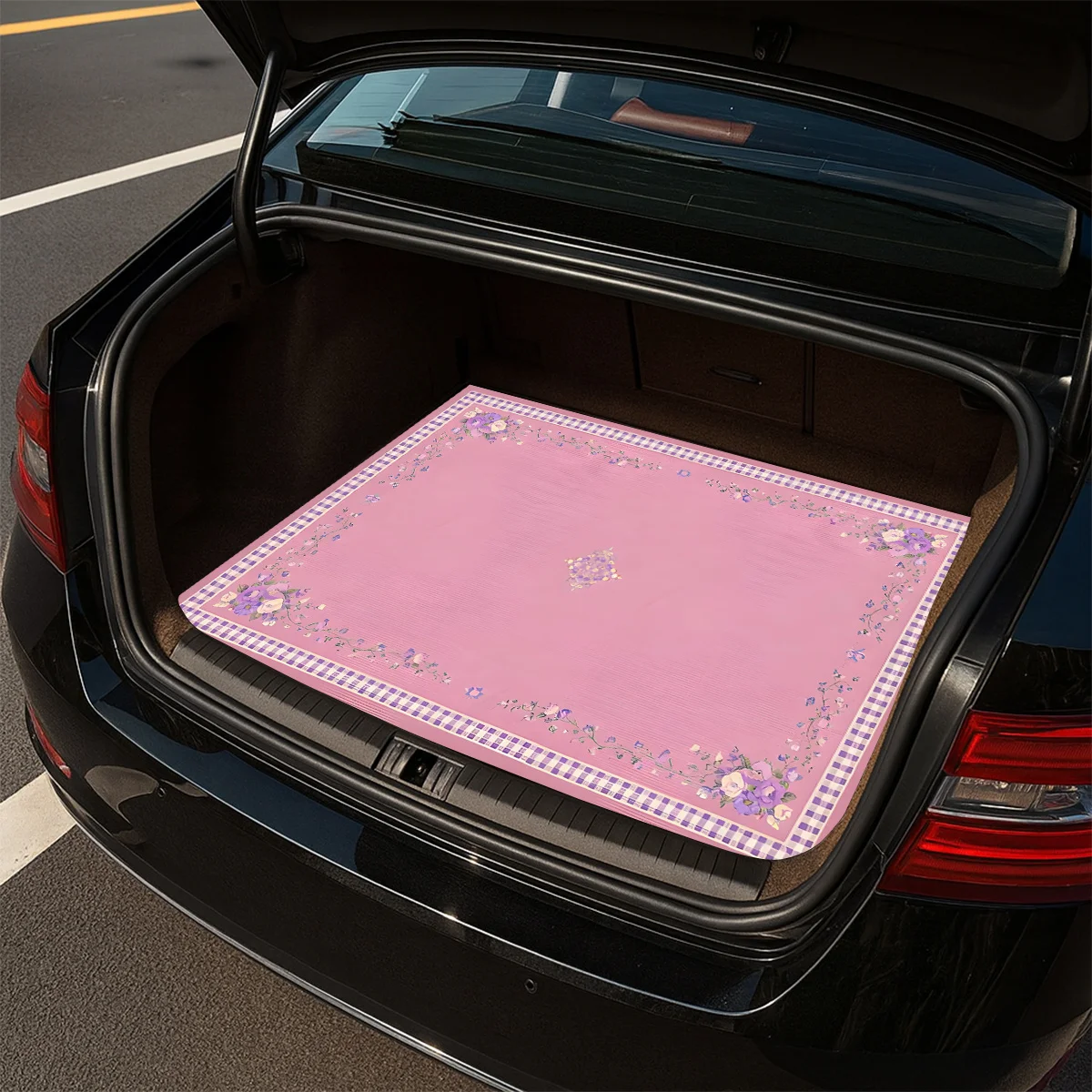 1pc Non-Slip Stylish Car Trunk Mat, Pink Hollow-Out Border With Blank Space Pattern Design - Durable Material, Keeps Trunk Dry A