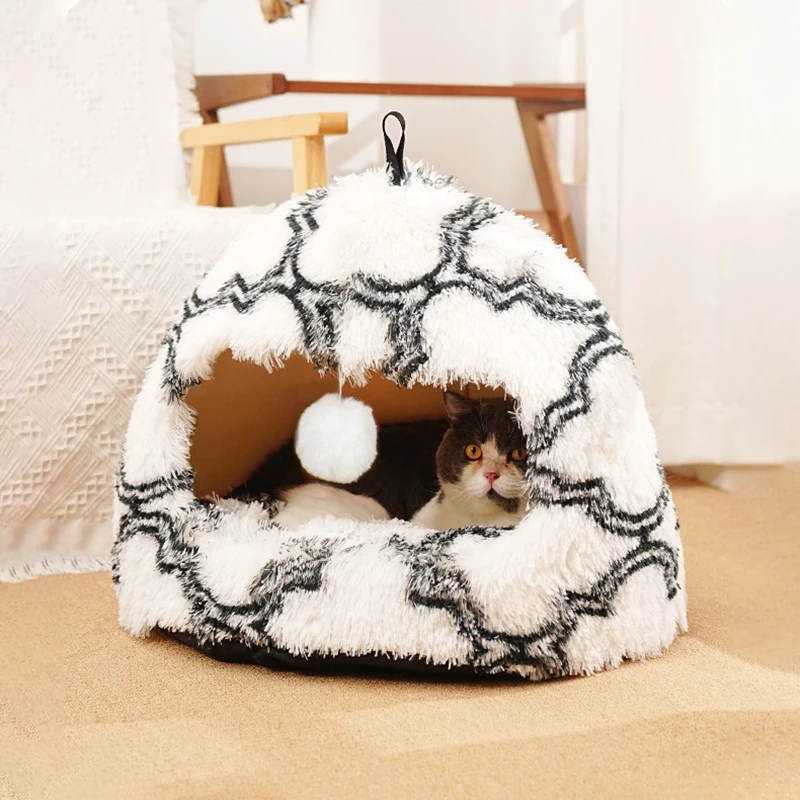 

Semi-enclosed Winter Fleece Cat Bed Luxury Comfortable Washable Indoor Sleeping Playing Integrated Pet Nest Kitten Accessories