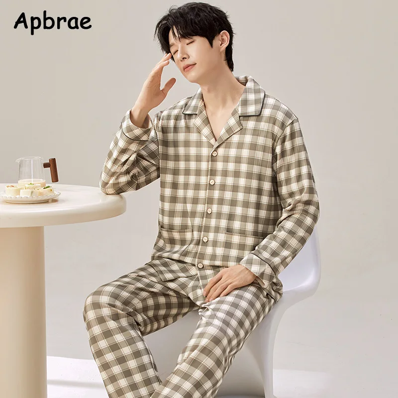 Autumn Winter Faux Cotton Pajamas for Men Plaid Pajama Long Sleeves Pants Sleepwear Male Fashion Pajamas Man Lapel Pijamas