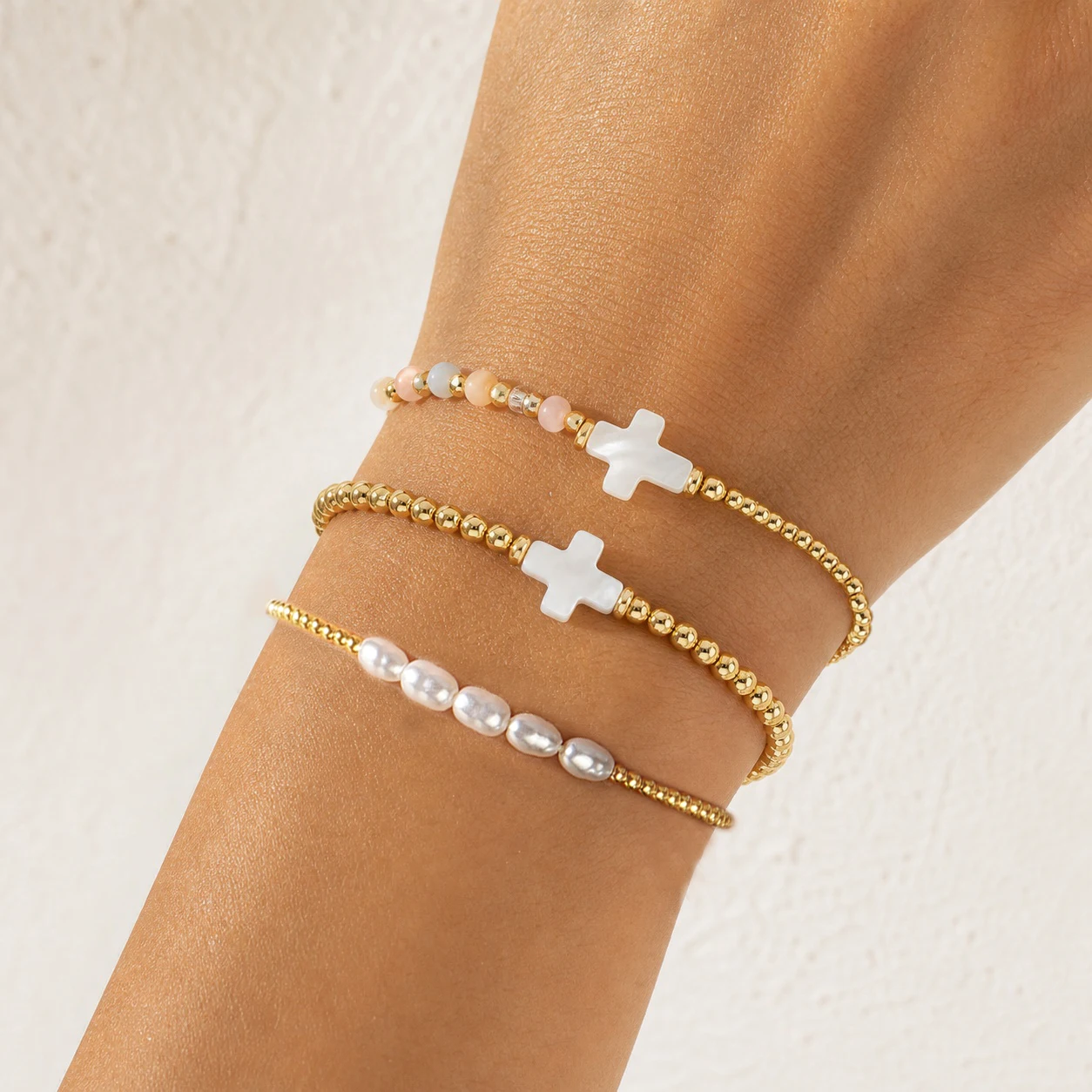 2pcs Women's Gold Tone Copper Beaded Strand Bracelet with White Cross Charm Lace-Up Closure Cute Romantic Style